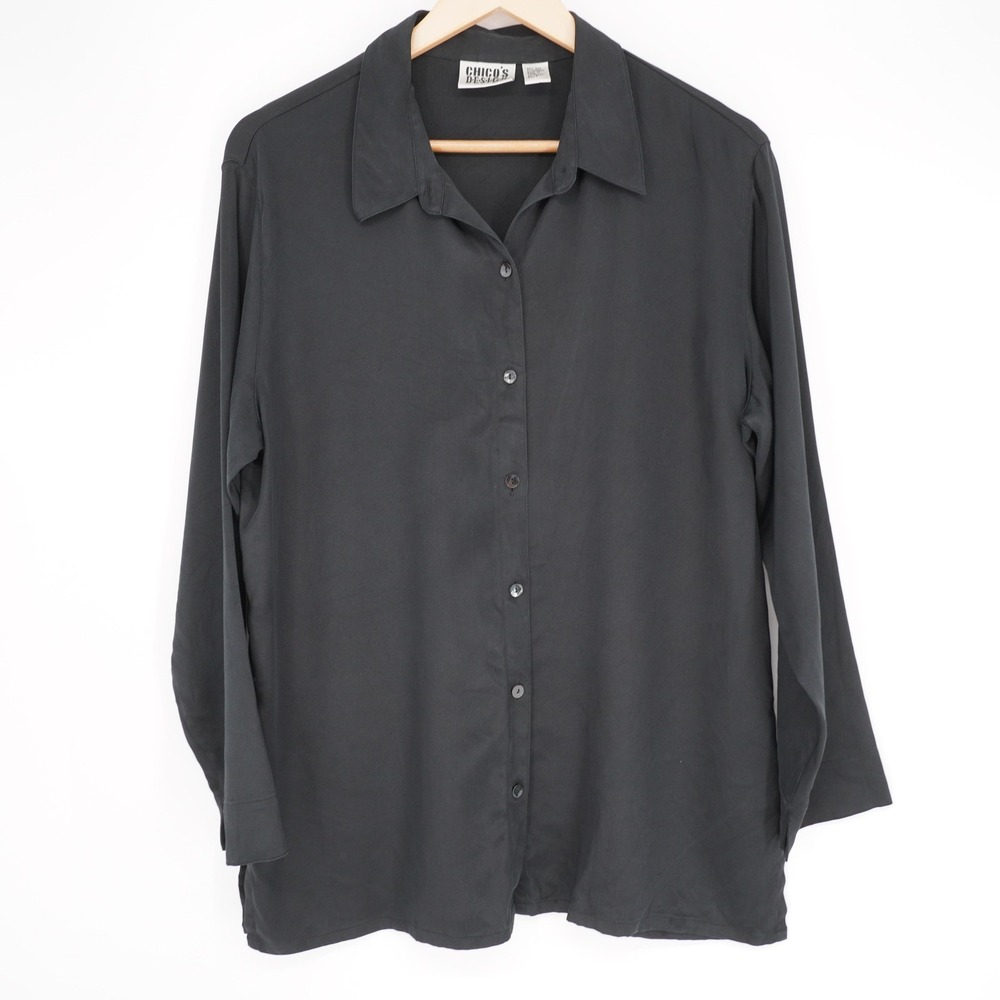 Chicos Button-Up Womens 2 (L) Black Tunic Collared Long Sleeve Silk Stretch